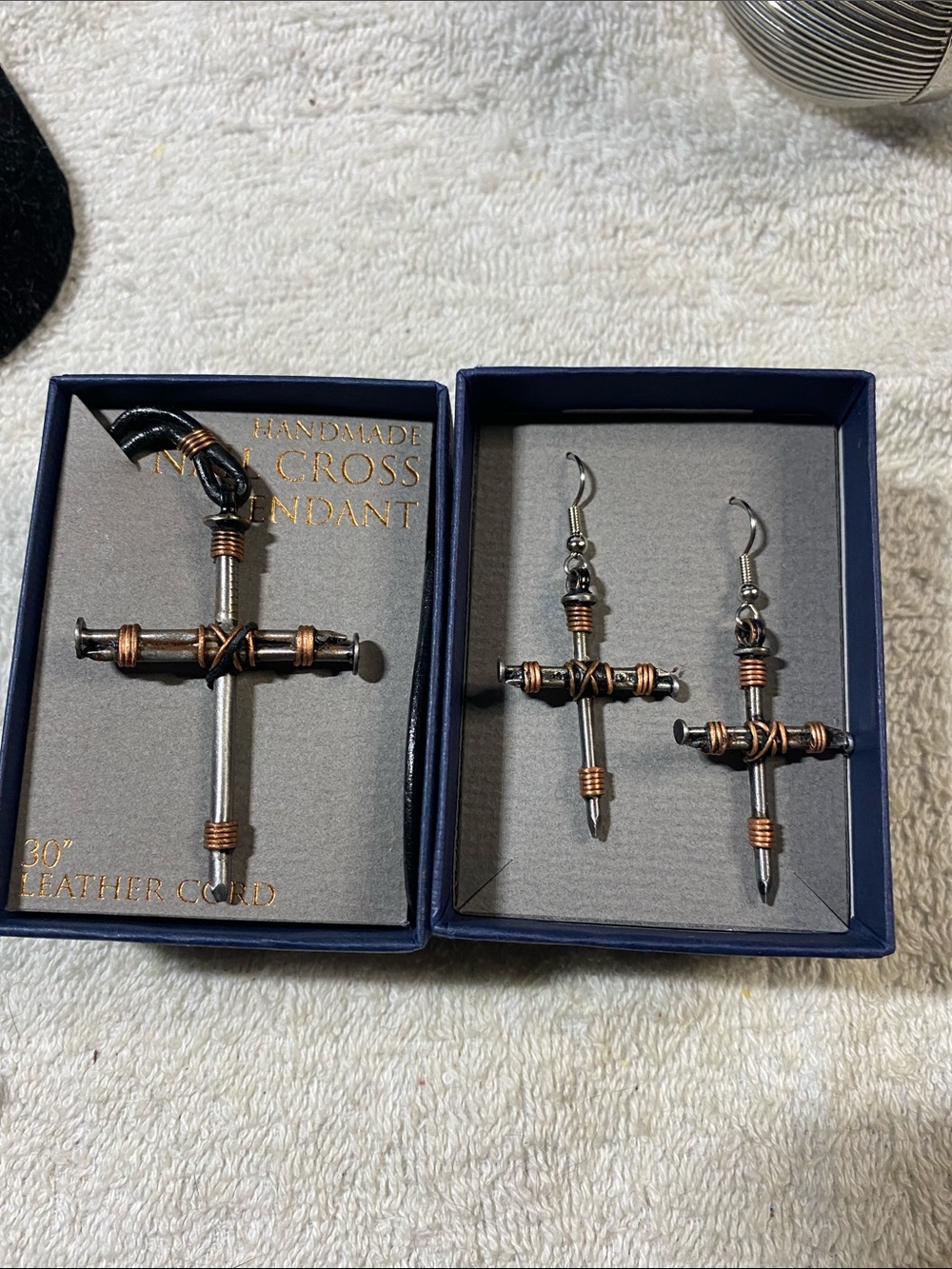 Handmade Cross Pendant Necklace and Earrings Set - Silver & Copper Tone